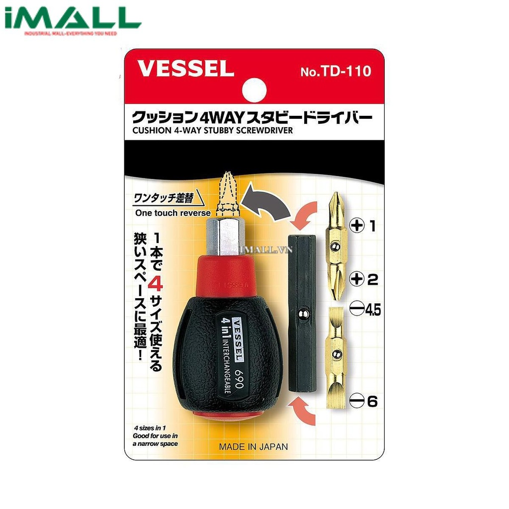 Bộ tô vít tay cầm mềm siêu ngắn Vessel TD-110 (2 đầu vít 2 chiều)