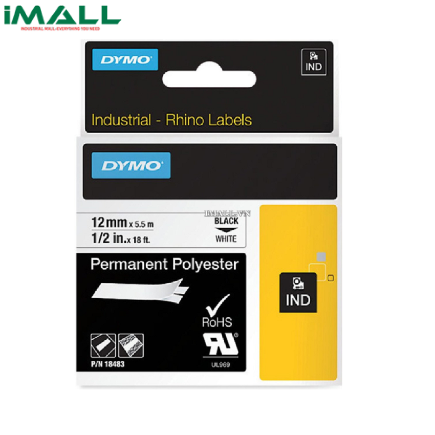 Tem nhãn công nghiệp nhựa polyester bền Rhino trắng DYMO 63020768 (12mm x 5m)