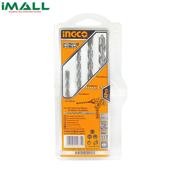 Bộ mũi khoan bê tông đuôi gài 4 chi tiết Ingco AKDB2055 (6-10mm)