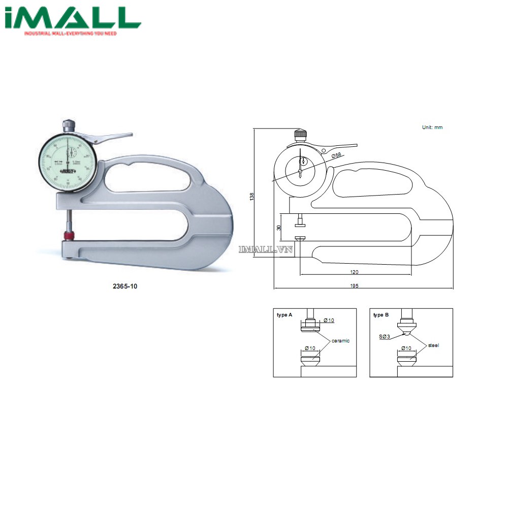 Đồng hồ đo độ dày INSIZE 2365 (0-10mm, 0.01mm)