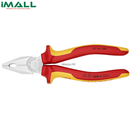 Kìm Đa Năng Lưỡi 60HRC dài 180mm Cách Điện VDE 1000 Volt Knipex 03 06 180